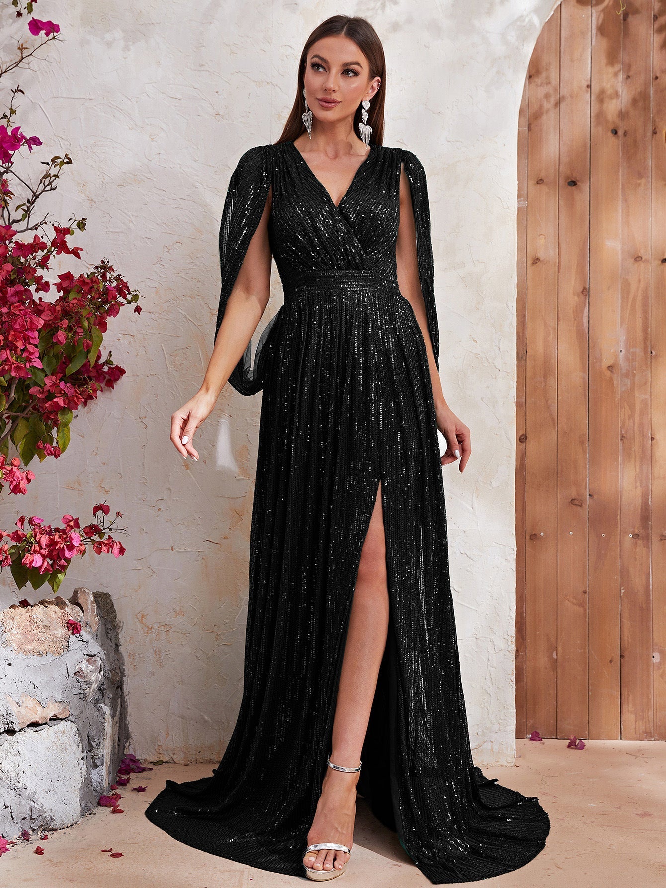Popular Dress Sequined V neck Prom Evening Dress Split Maxi Dress High End Cocktail Dress