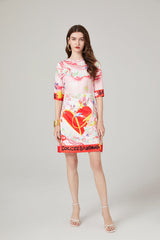 Simple Round Neck Printed High Waist Slimming dress Mid Sleeve A Line Dress