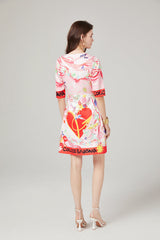 Simple Round Neck Printed High Waist Slimming dress Mid Sleeve A Line Dress