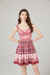 Positioning Printed Stitching Slim-fit High Waist dress Strap A line Dress
