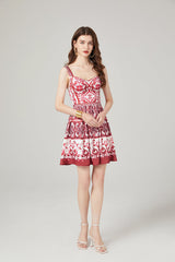 Positioning Printed Stitching Slim-fit High Waist dress Strap A line Dress