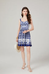 Positioning Printed Stitching Slim-fit High Waist dress Strap A line Dress