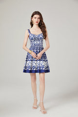Positioning Printed Stitching Slim-fit High Waist dress Strap A line Dress