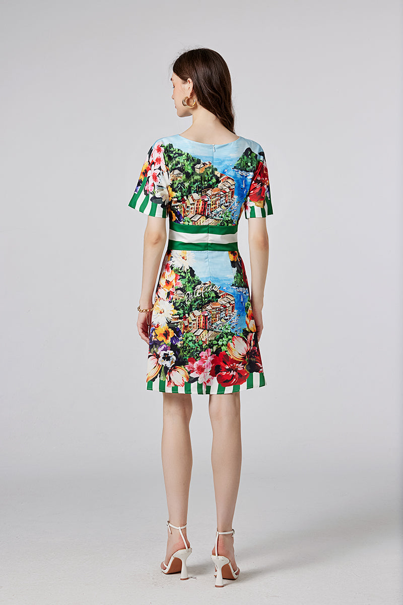 Arrival One line Collar Printed Short sleeved Tight Waist dress High Waist Slim fit Dress