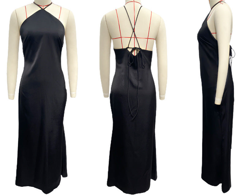 Vestido ajustado de color liso con cuello halter, espalda descubierta y corte entallado