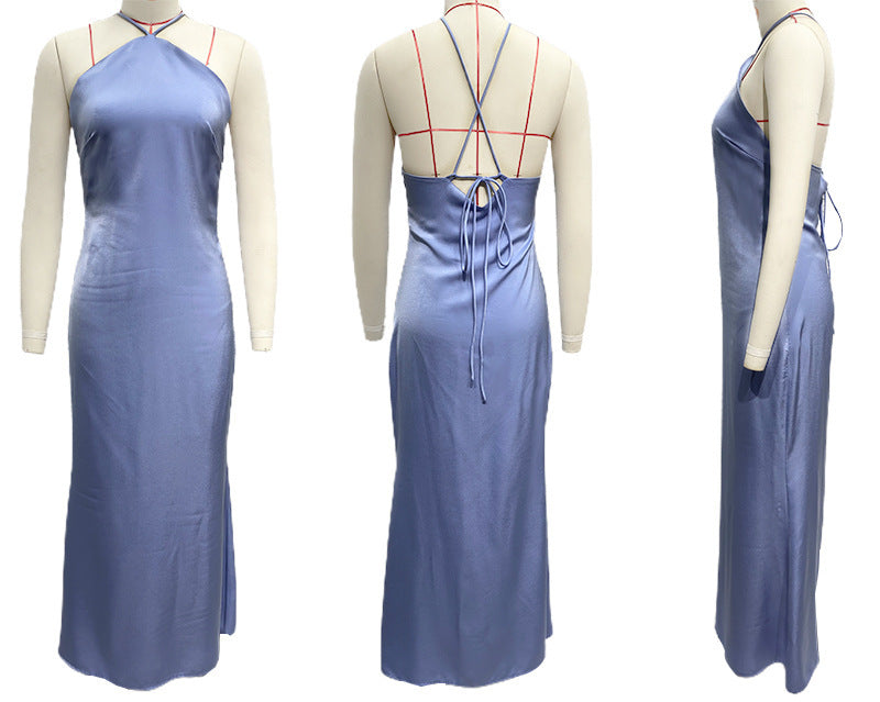 Vestido ajustado de color liso con cuello halter, espalda descubierta y corte entallado