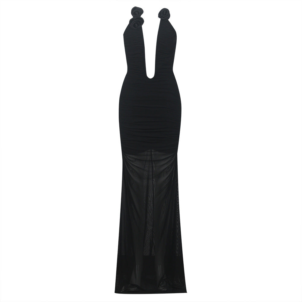 Vestido maxi ajustado sin tirantes con copas en el pecho y estampado floral