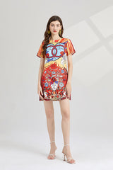 Crew Neck Printed Short Sleeved A Line Dress