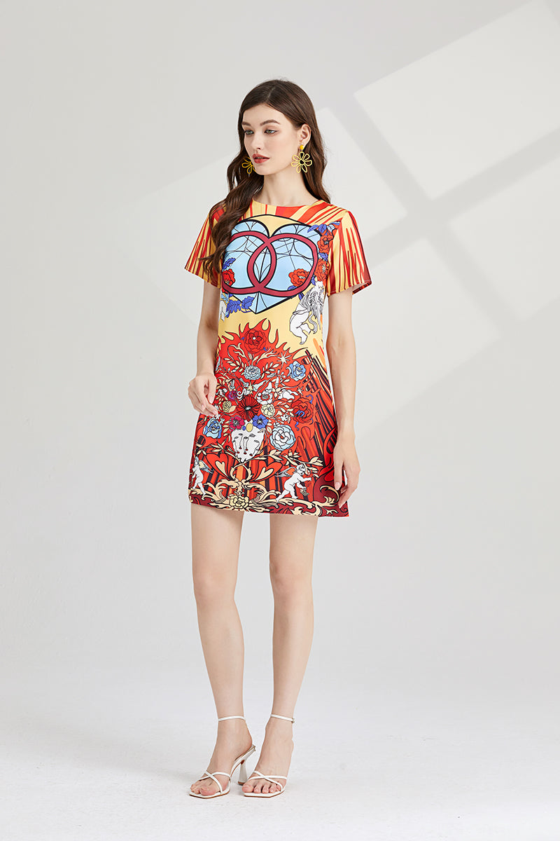 Crew Neck Printed Short Sleeved A Line Dress