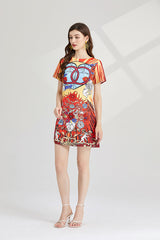 Crew Neck Printed Short Sleeved A Line Dress