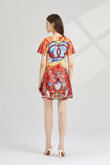 Crew Neck Printed Short Sleeved A Line Dress