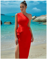Vestido de vendaje Vestido de noche Vestido de vendaje Vestido de fiesta de un solo hombro con volantes y abertura