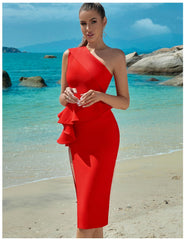 Vestido de vendaje Vestido de noche Vestido de vendaje Vestido de fiesta de un solo hombro con volantes y abertura