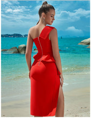 Vestido de vendaje Vestido de noche Vestido de vendaje Vestido de fiesta de un solo hombro con volantes y abertura