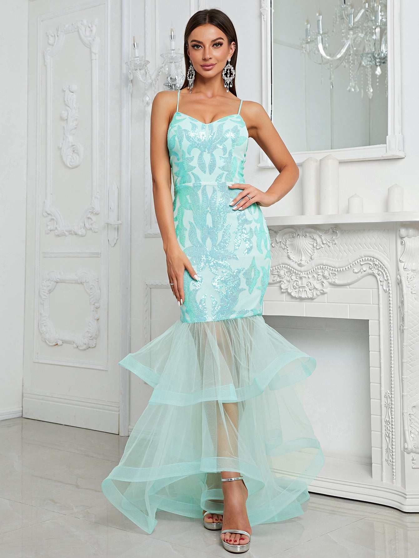 Sequin Sling Dress Vitality Party Dress Backless Fishtail Patchwork Maxi Organza