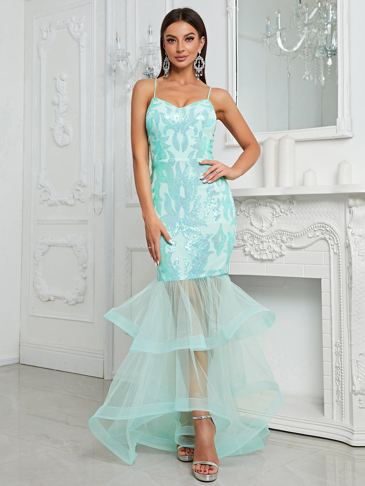 Sequin Sling Dress Vitality Party Dress Backless Fishtail Patchwork Maxi Organza