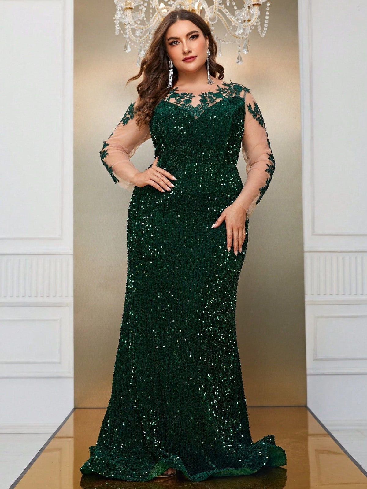 Plus Size Mesh Sequin Stitching Long Sleeve Three Dimensional Floral Evening Dress Cocktail Fishtail Maxi Dress
