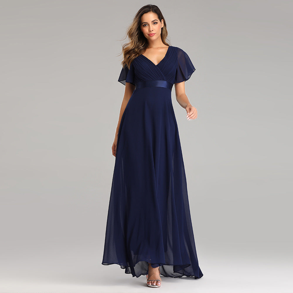 Hand-Folded Large V-neck Dress Chiffon Elastic Banquet Bridesmaid Evening Dress for