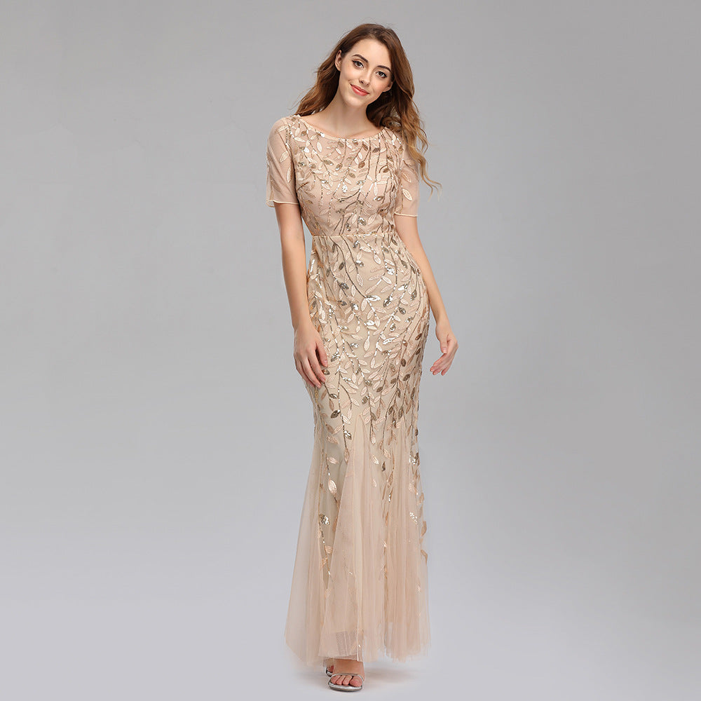 Banquet Host Slim Mesh Sequ Evening Dress Fishtail Dress for