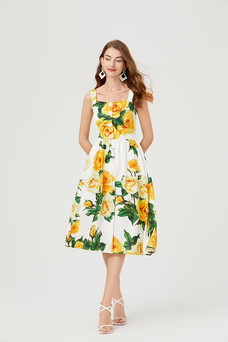 Vacation Floral Single Breasted Cami Dress
