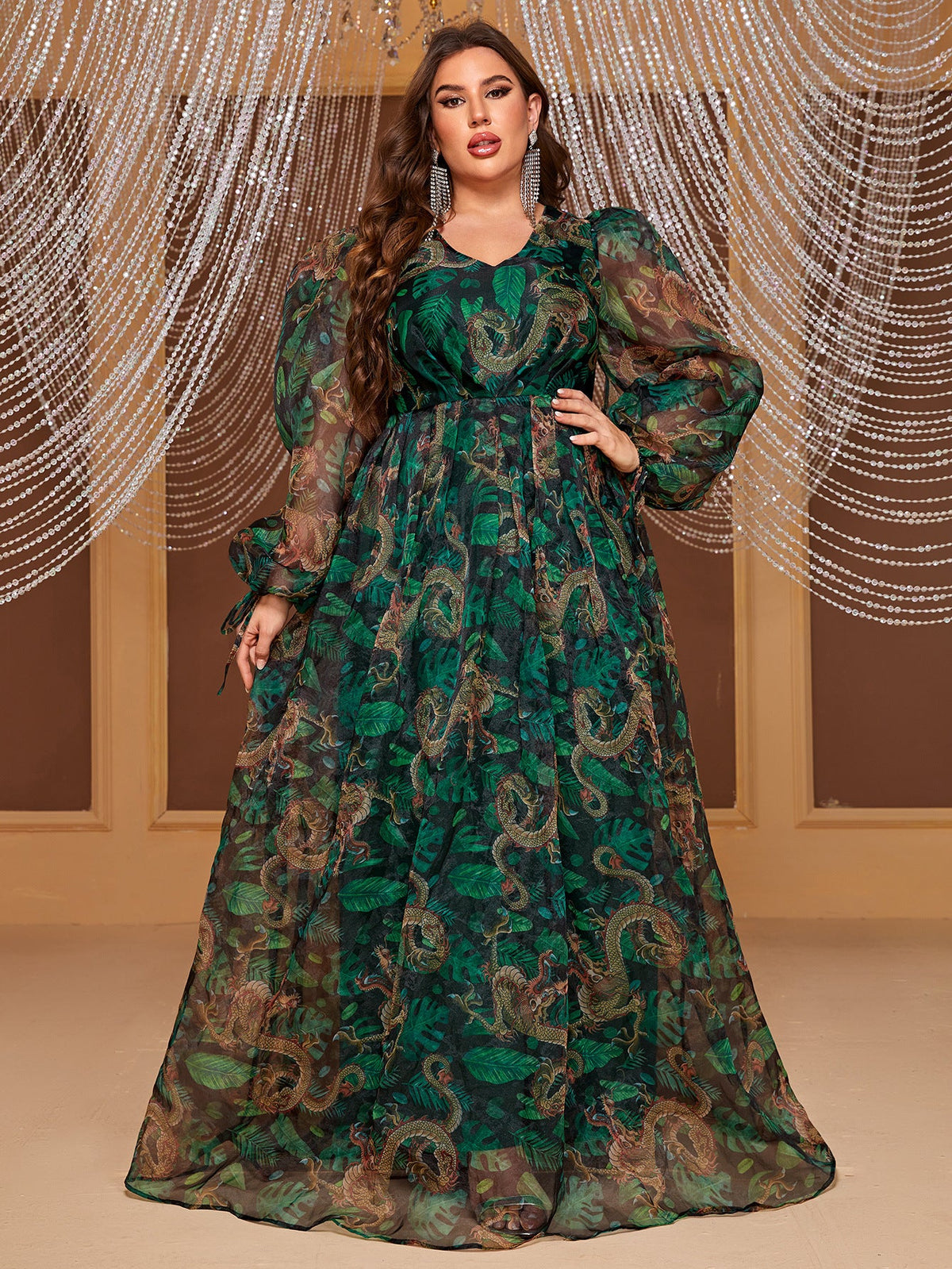 Plus Size Chiffon Maxi Dress Long Sleeve Elegant Random Print Maxi Dress for