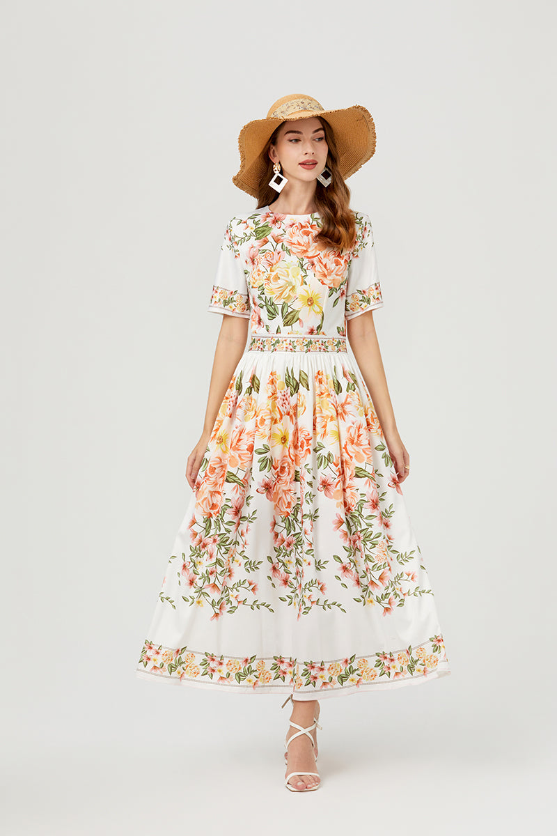 Vestido elegante de corte A con mangas cortas y estampado floral