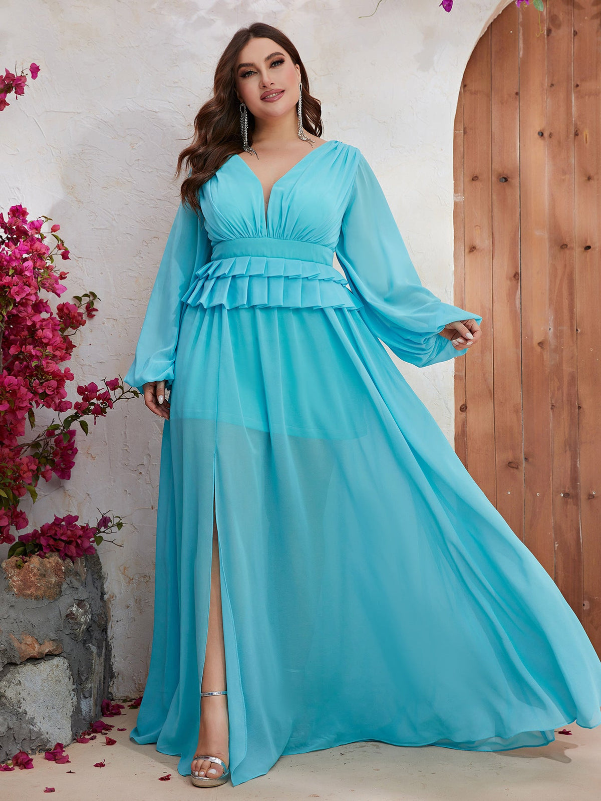 Plus Size Dress Chiffon V Neck Long Sleeve Slimming Dress