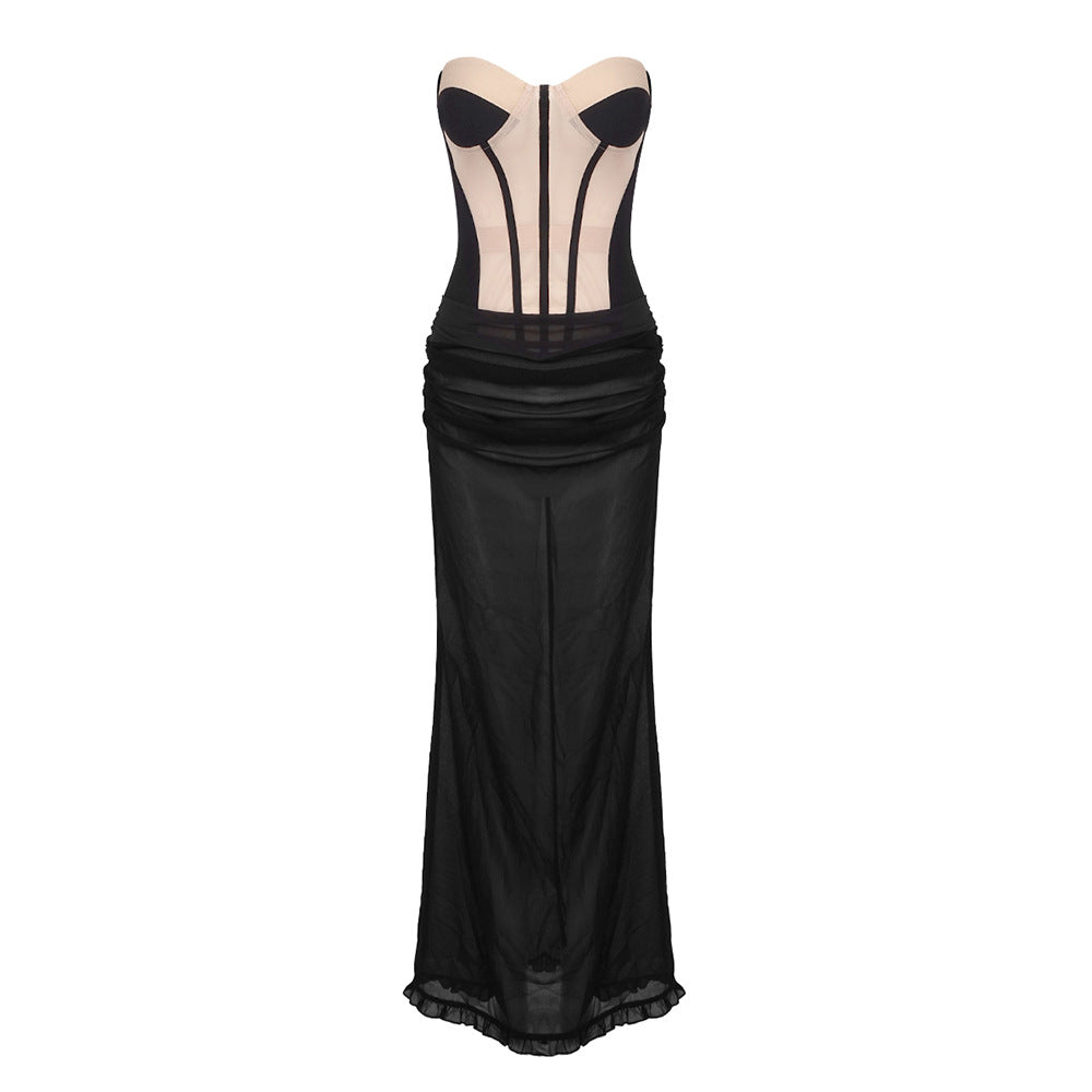 Apricot Mesh Black Chiffon Dress Two Piece Set Skirt Sets AmiEmi Apricot Mesh Black Chiffon Dress Two Piece Set Skirt Sets AmiEmi