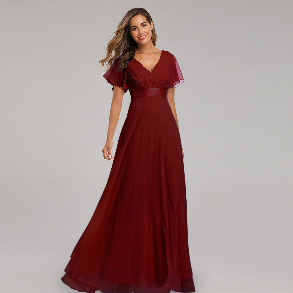 Hand-Folded Large V-neck Dress Chiffon Elastic Banquet Bridesmaid Evening Dress for