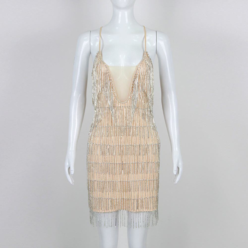 Graceful Rhinestones Tassel V neck Dress