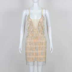 Graceful Rhinestones Tassel V neck Dress