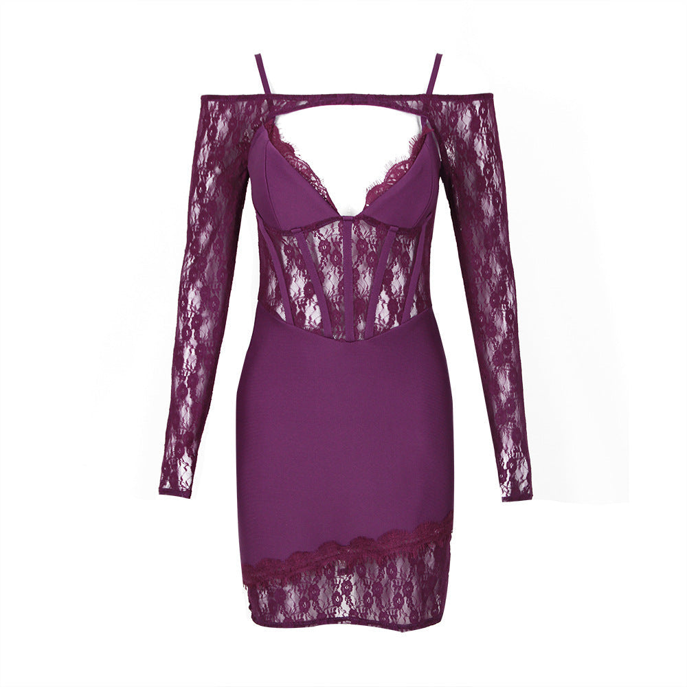 Vestido de una pieza con tirantes finos y manga larga, estilo vendaje, corto, de dos piezas