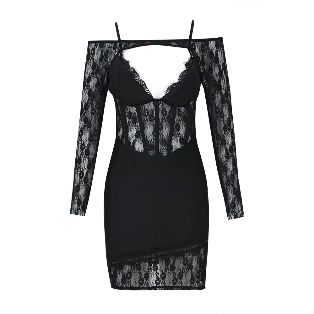 Vestido de una pieza con tirantes finos y manga larga, estilo vendaje, corto, de dos piezas
