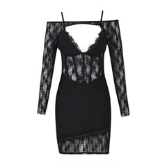 Vestido de una pieza con tirantes finos y manga larga, estilo vendaje, corto, de dos piezas