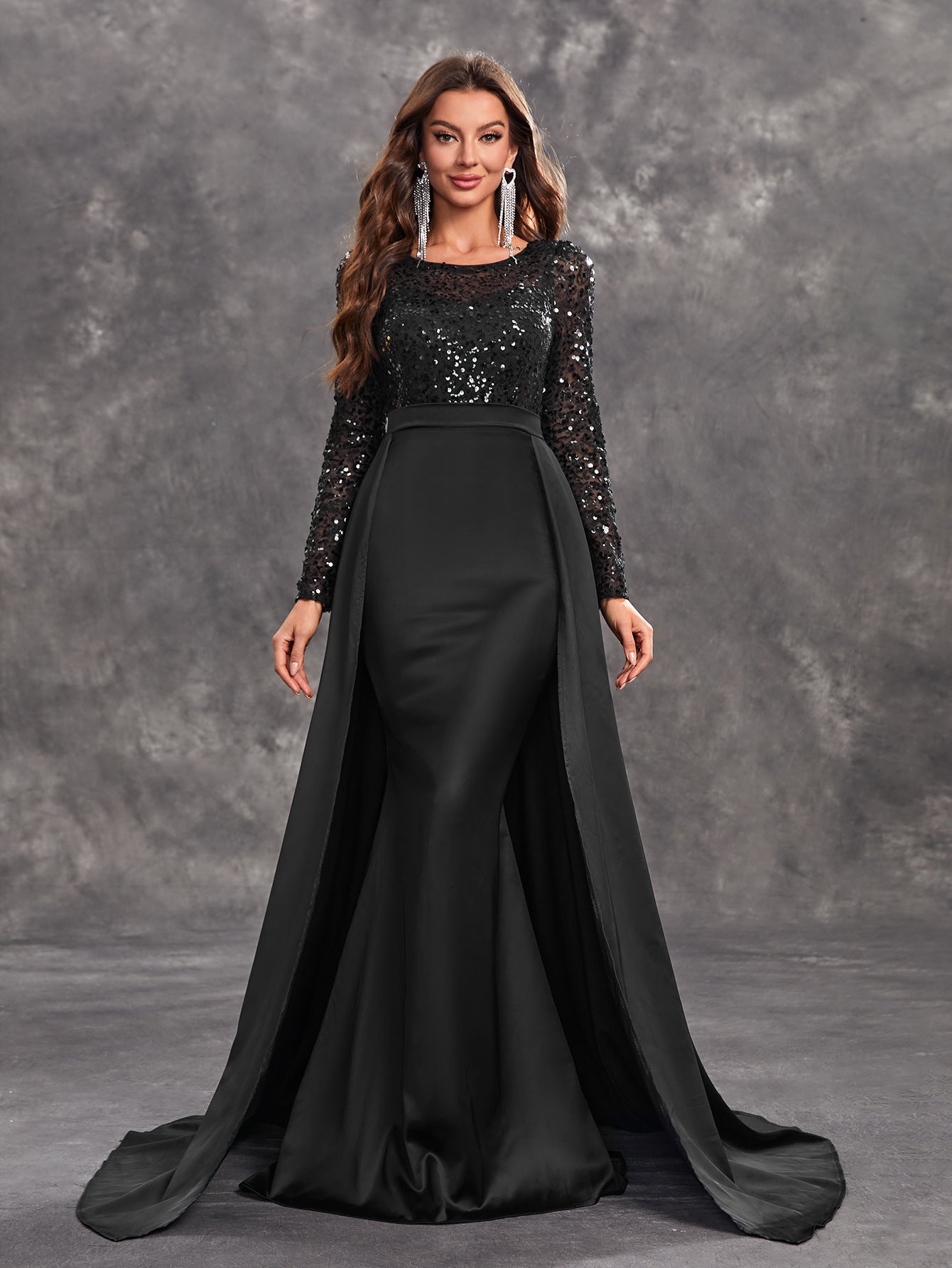 Prom Party Dress Sequined Long Sleeve Round Neck Elegant Black Formal Dress