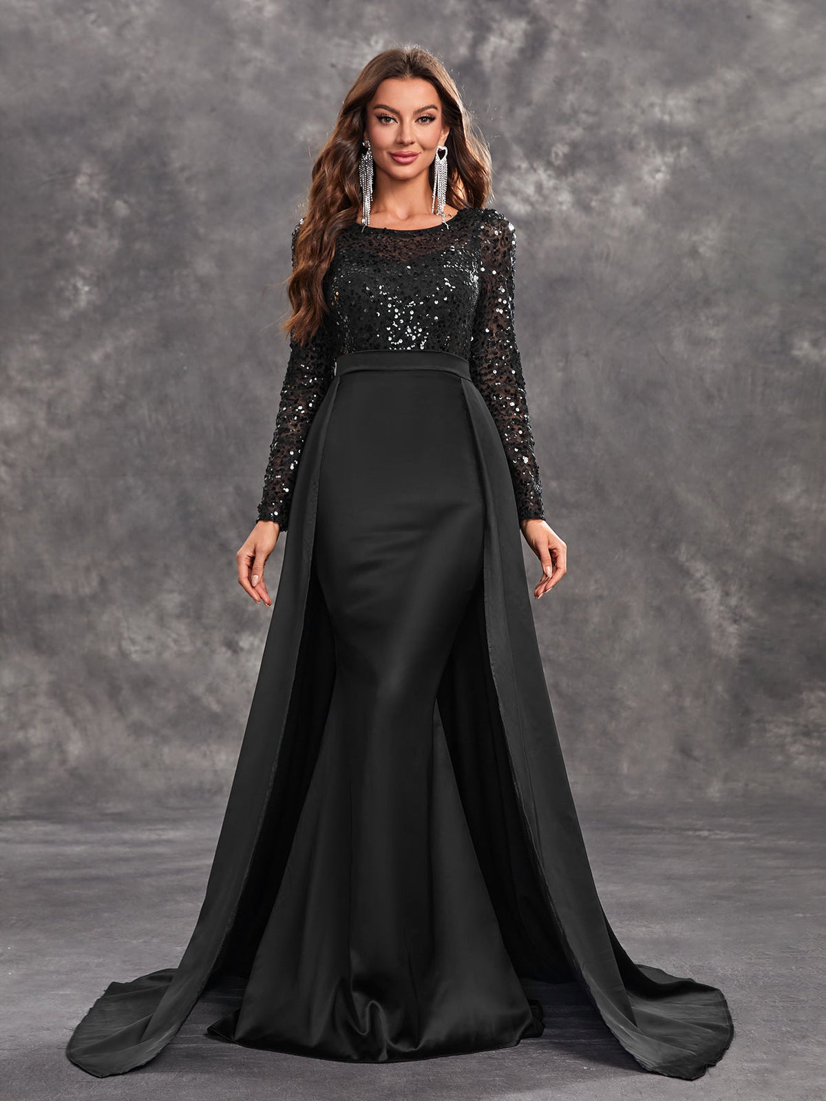 Prom Party Dress Sequined Long Sleeve Round Neck Elegant Black Formal Dress
