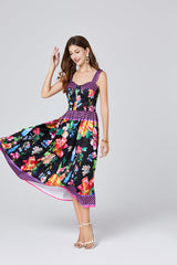 Positioning Vintage Printed Three Dimensional Strapless Strap Dress Back Rubber Strap High Waist Dress
