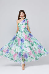 One Shoulder Oblique Strap Printed High Waist Dress Rubber Tight Waist Dress