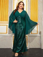Plus Size Evening Dress V Neck Chiffon Long Sleeve Sequined Slim Fit Elegant Slit Fishtail Evening Dress