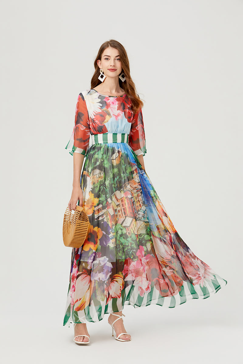 Vestido ajustado de cintura alta con tirantes sin espalda y estampado, vestido de corte A grande