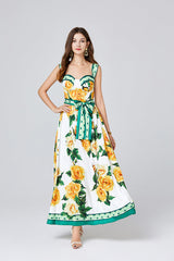 Vestido ajustado con tirantes y almohadillas para el pecho, estampado tridimensional, cintura alta, vestido amplio con vuelo