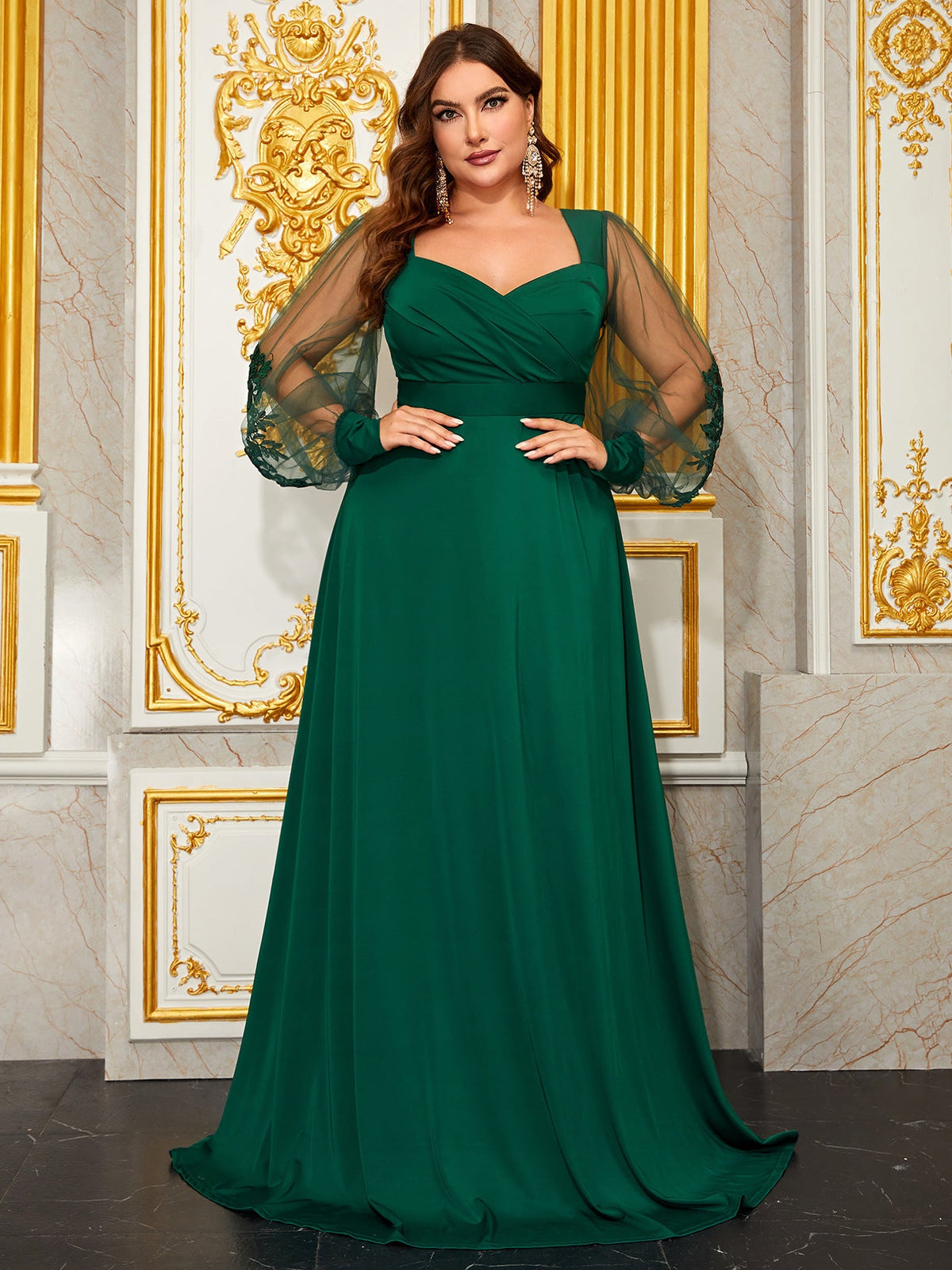 Plus Size Prom Evening Dress Diamond Collar Embroidered Mesh Long Sleeve Backless Fall Dress