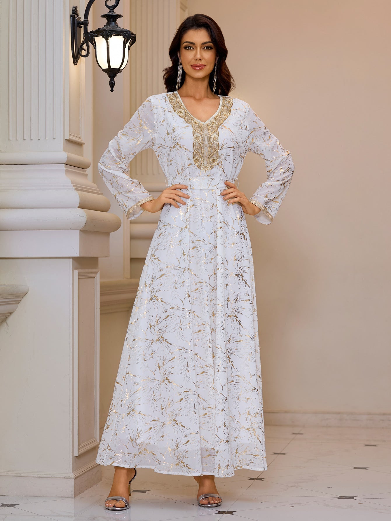 Gold Pattern Printed Maxi Dress Patchwork Knitted Belt Long Sleeve Dress