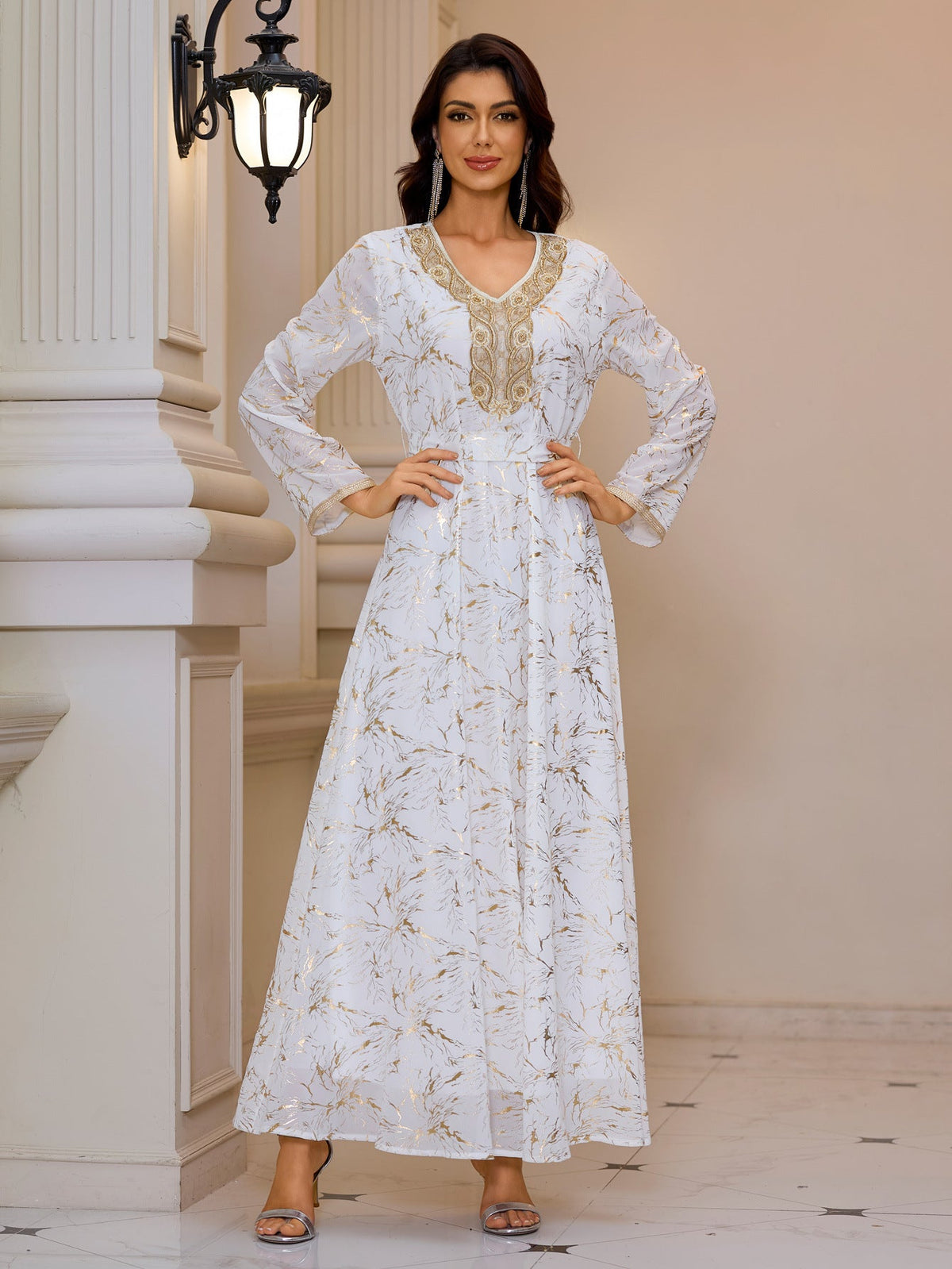 Gold Pattern Printed Maxi Dress Patchwork Knitted Belt Long Sleeve Dress