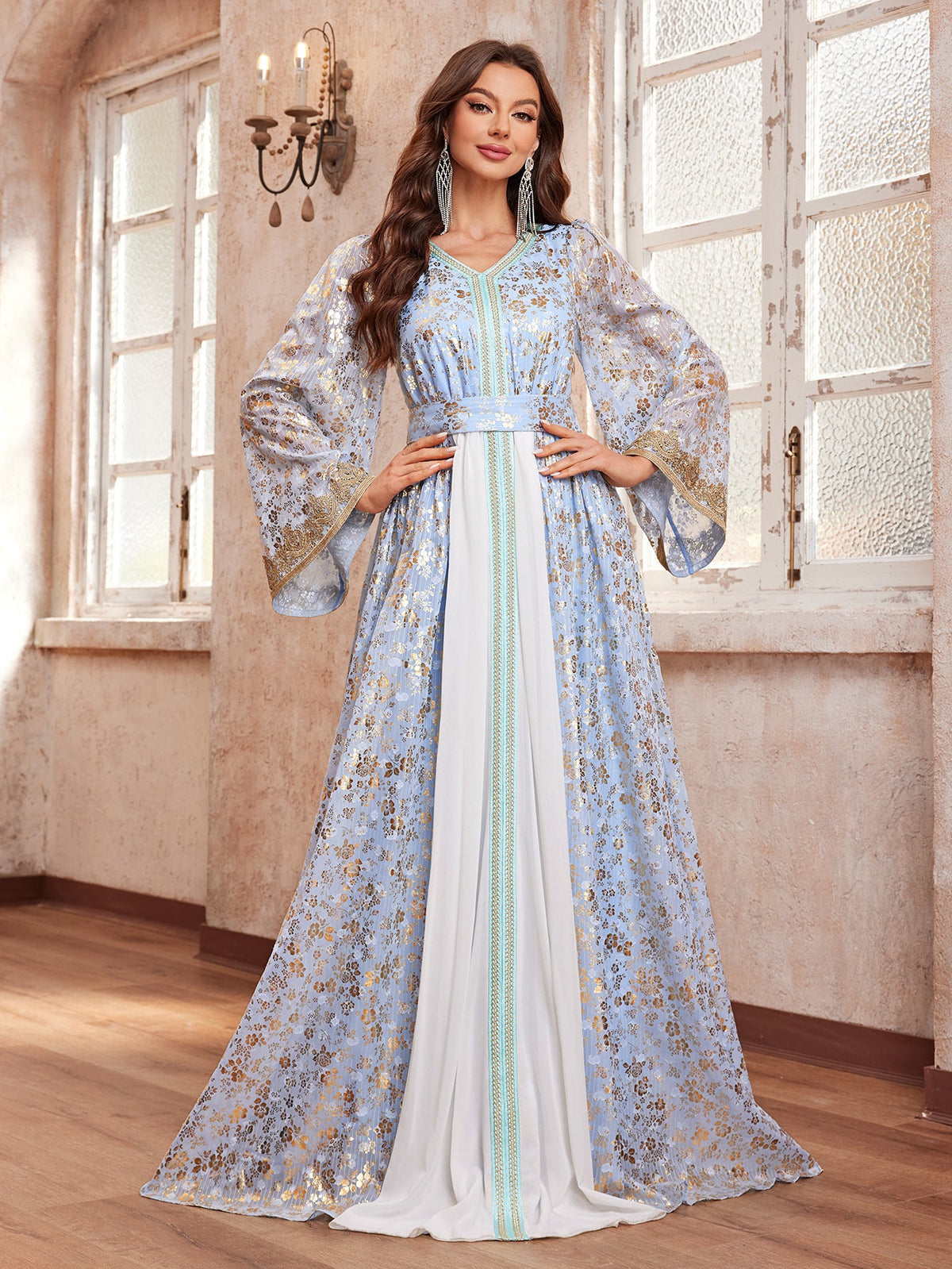 High Class Dubai Maxi Middle East Dress Printed V neck Long Sleeve Ethnic Dress