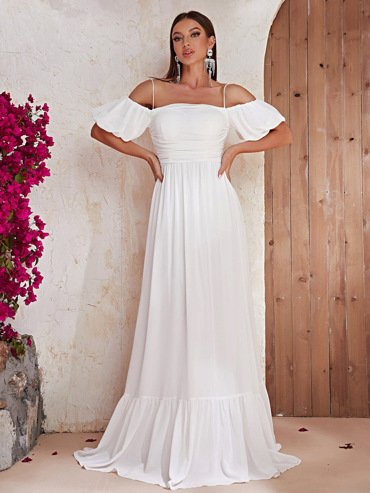 Off Shoulder White Maxi Dress Short Sleeve Prom Evening Dress Long Casual Holiday Dress