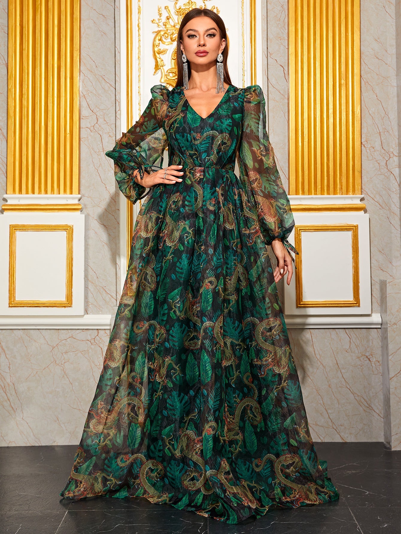 Vacation Dress V Neck Printed Long Sleeve Maxi Dress