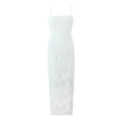 Waist Controlled Slimming Ivory White Embroidery Floral Sling High Waist Slit Sheath Dress