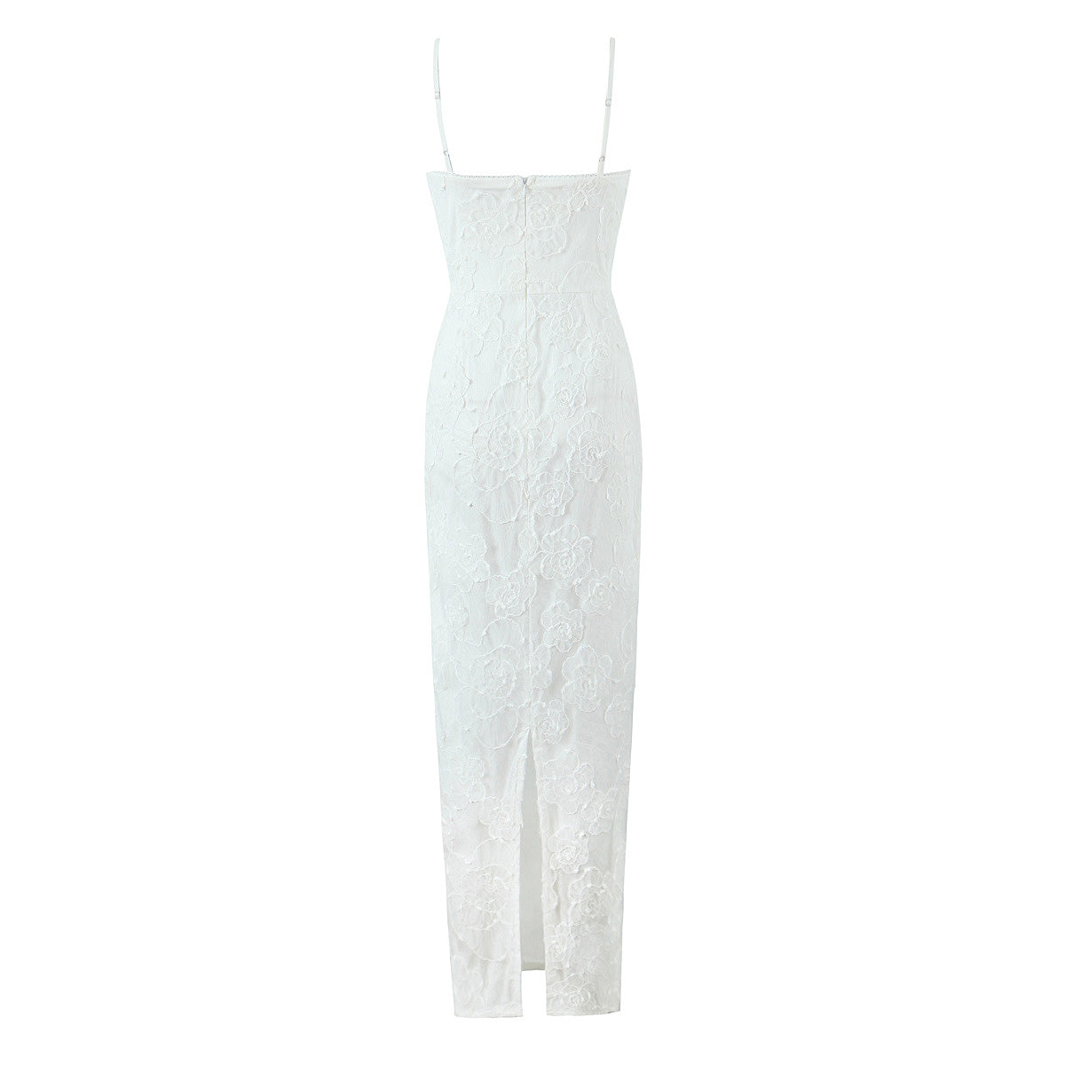Waist Controlled Slimming Ivory White Embroidery Floral Sling High Waist Slit Sheath Dress