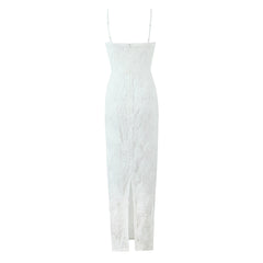 Waist Controlled Slimming Ivory White Embroidery Floral Sling High Waist Slit Sheath Dress